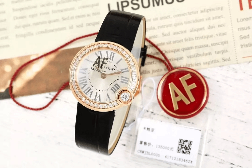 발롱 블루 드 까르띠에 화이트 다이얼 다이아 베젤 골드 블랙 레더 스트랩 / AF WJBL0005 / 30mm / 스위스 쿼츠 무브먼트