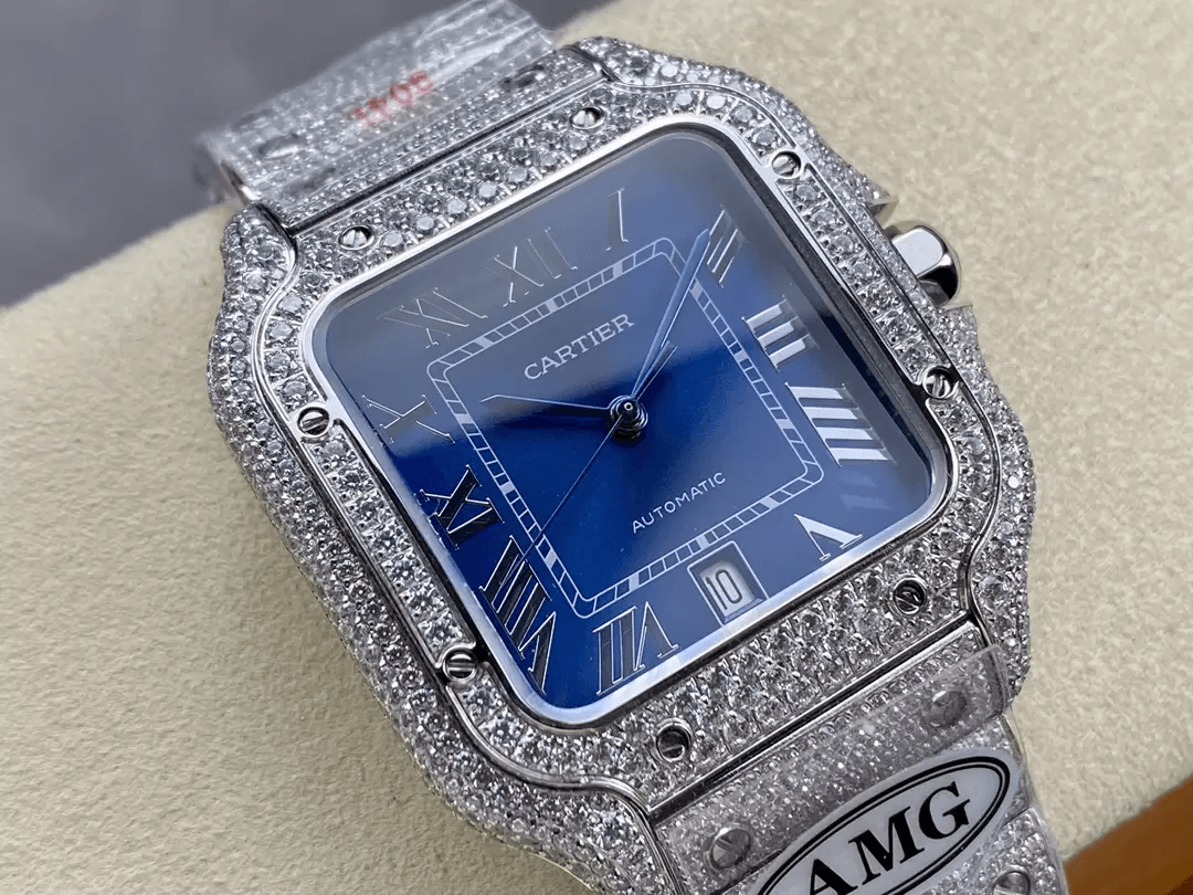 산토스 버스트다운 블루 다이얼 옐로우골드 콤비 / AMG / 40mm / cal.9015 자동 기계식 무브먼트, 스와로브스키 다이아몬드 4555개 세팅