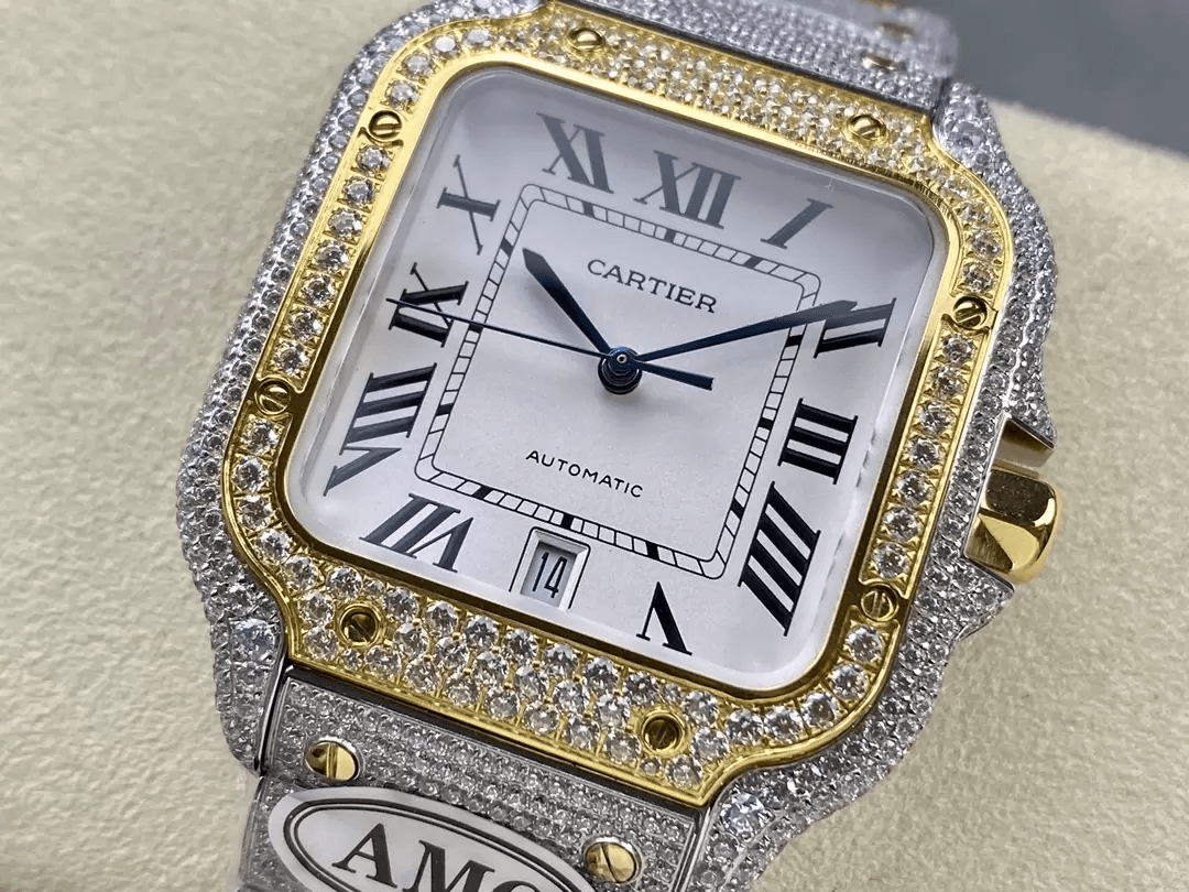 산토스 버스트다운 화이트 다이얼 옐로우골드 콤비 / AMG / 40mm / cal.9015 자동 기계식 무브먼트, 스와로브스키 다이아몬드 4555개 세팅
