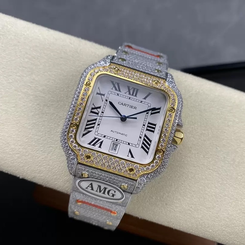 산토스 버스트다운 화이트 다이얼 옐로우골드 콤비 / AMG / 40mm / cal.9015 자동 기계식 무브먼트, 스와로브스키 다이아몬드 4555개 세팅