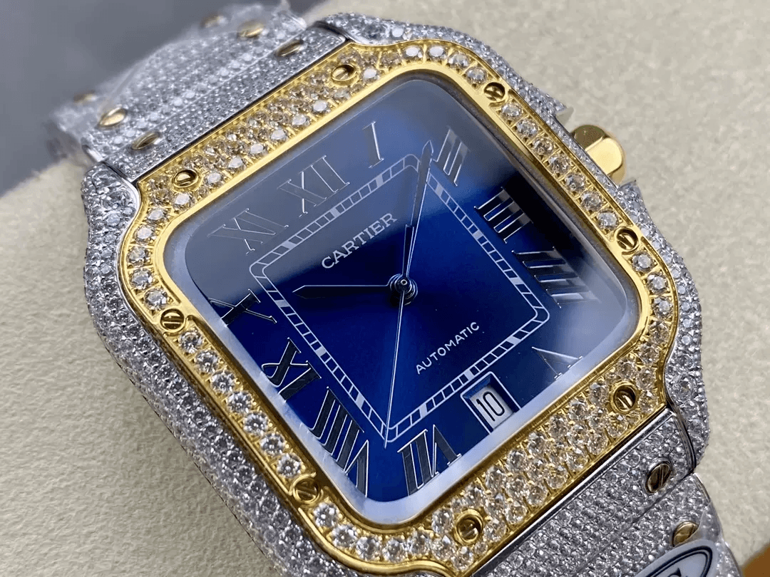 산토스 버스트다운 블루 다이얼 로즈골드 콤비 / AMG / 40mm / cal.9015 자동 기계식 무브먼트, 스와로브스키 다이아몬드 4555개 세팅