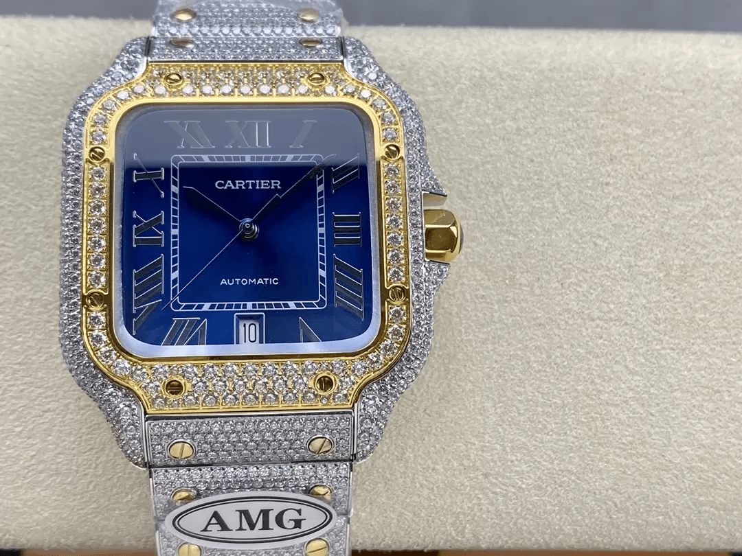 산토스 버스트다운 블루 다이얼 로즈골드 콤비 / AMG / 40mm / cal.9015 자동 기계식 무브먼트, 스와로브스키 다이아몬드 4555개 세팅
