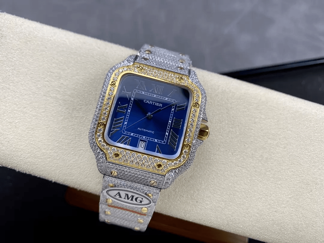 산토스 버스트다운 블루 다이얼 로즈골드 콤비 / AMG / 40mm / cal.9015 자동 기계식 무브먼트, 스와로브스키 다이아몬드 4555개 세팅