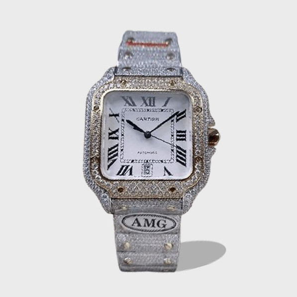 산토스 버스트다운 화이트 다이얼 로즈골드 콤비 / AMG / 40mm / cal.9015 자동 기계식 무브먼트, 스와로브스키 다이아몬드 4555개 세팅