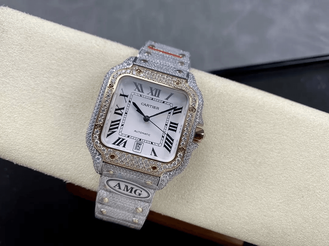 산토스 버스트다운 화이트 다이얼 로즈골드 콤비 / AMG / 40mm / cal.9015 자동 기계식 무브먼트, 스와로브스키 다이아몬드 4555개 세팅