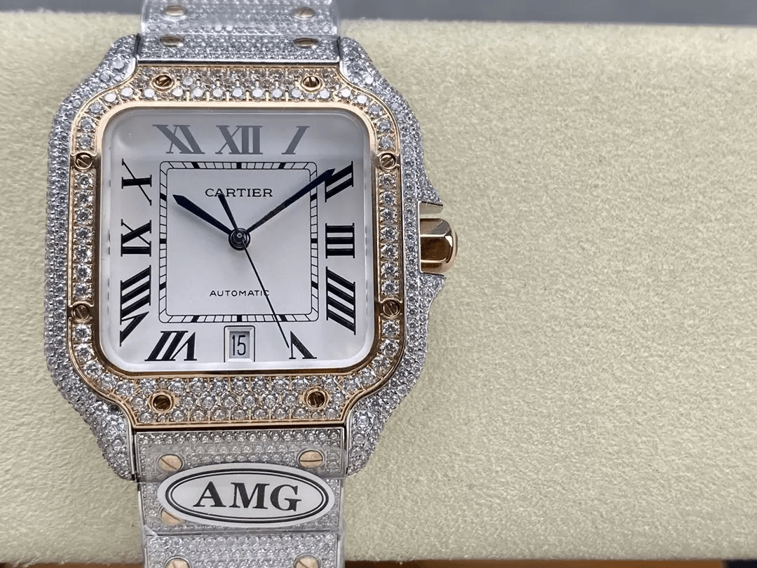 산토스 버스트다운 화이트 다이얼 로즈골드 콤비 / AMG / 40mm / cal.9015 자동 기계식 무브먼트, 스와로브스키 다이아몬드 4555개 세팅