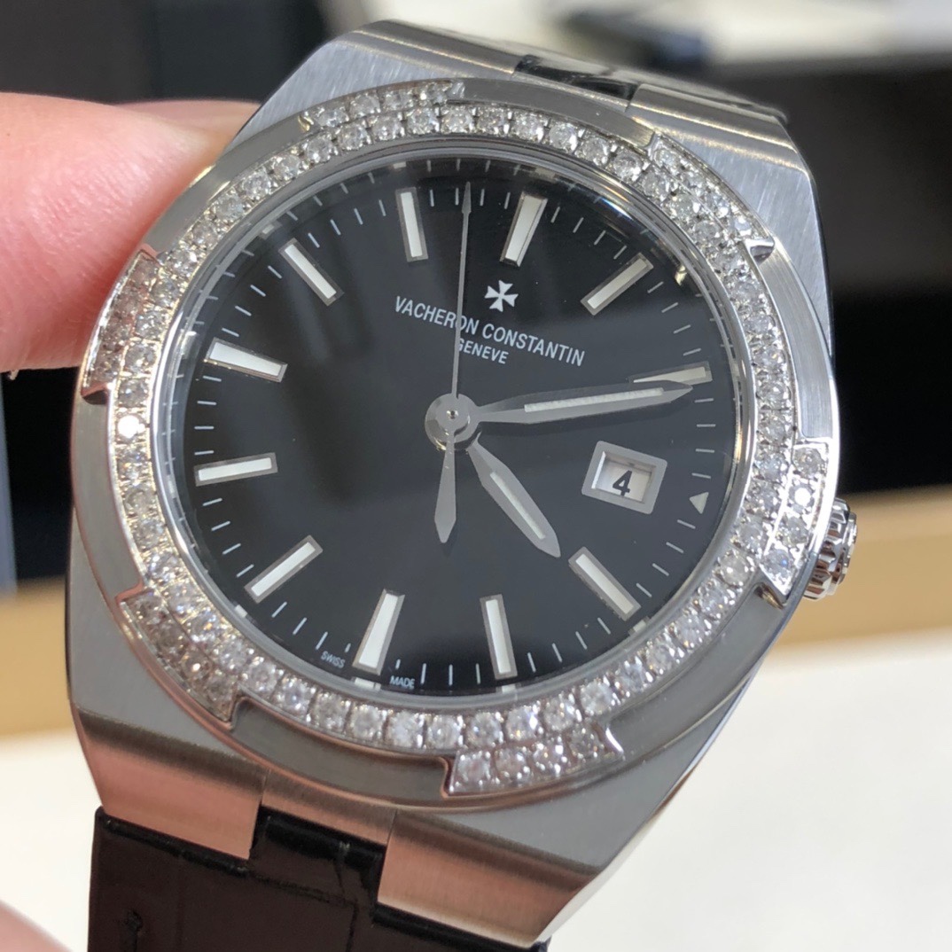 오버시즈 레이디 다이아베젤 블랙 다이얼 레더 스트랩 / VC 1205V/100A-B591 / 33mm / 사이즈 : 33mm, 스와브로스키 세팅 , 스위스 ETA 쿼츠 무브먼트