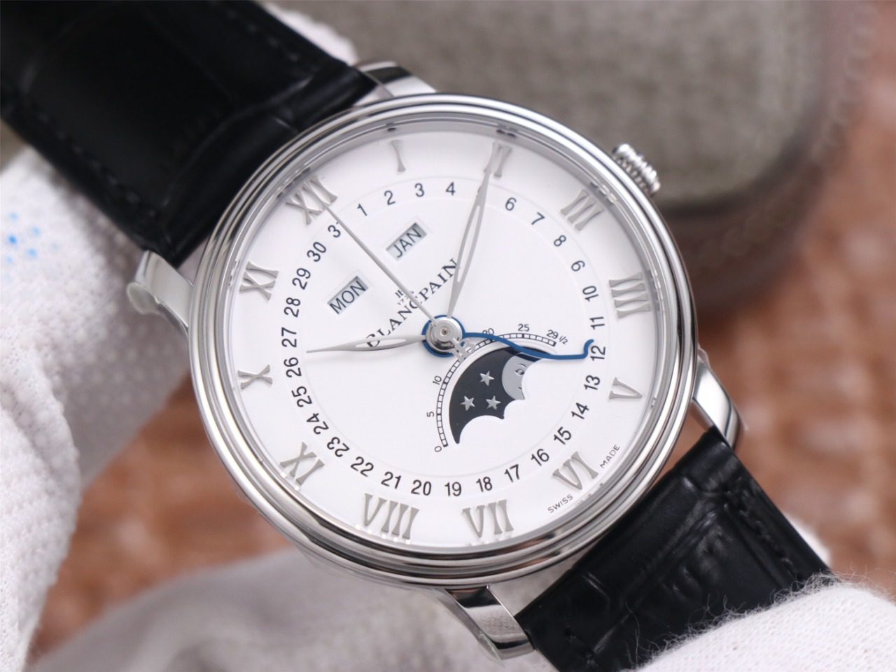 클래식 빌레레 문페이즈 화이트 다일얼 화이트골드 레더 스트랩 40mm V3버전 / OM 6654-1127-55B / 40mm / cal.6654 자동 기계식 무브먼트 , 브라운/블랙 레더 스트랩 선택 가능.