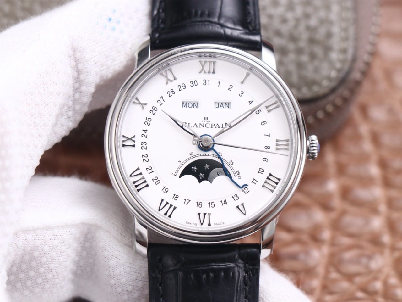 클래식 빌레레 문페이즈 화이트 다일얼 화이트골드 레더 스트랩 40mm V3버전 / OM 6654-1127-55B / 40mm / cal.6654 자동 기계식 무브먼트 , 브라운/블랙 레더 스트랩 선택 가능.