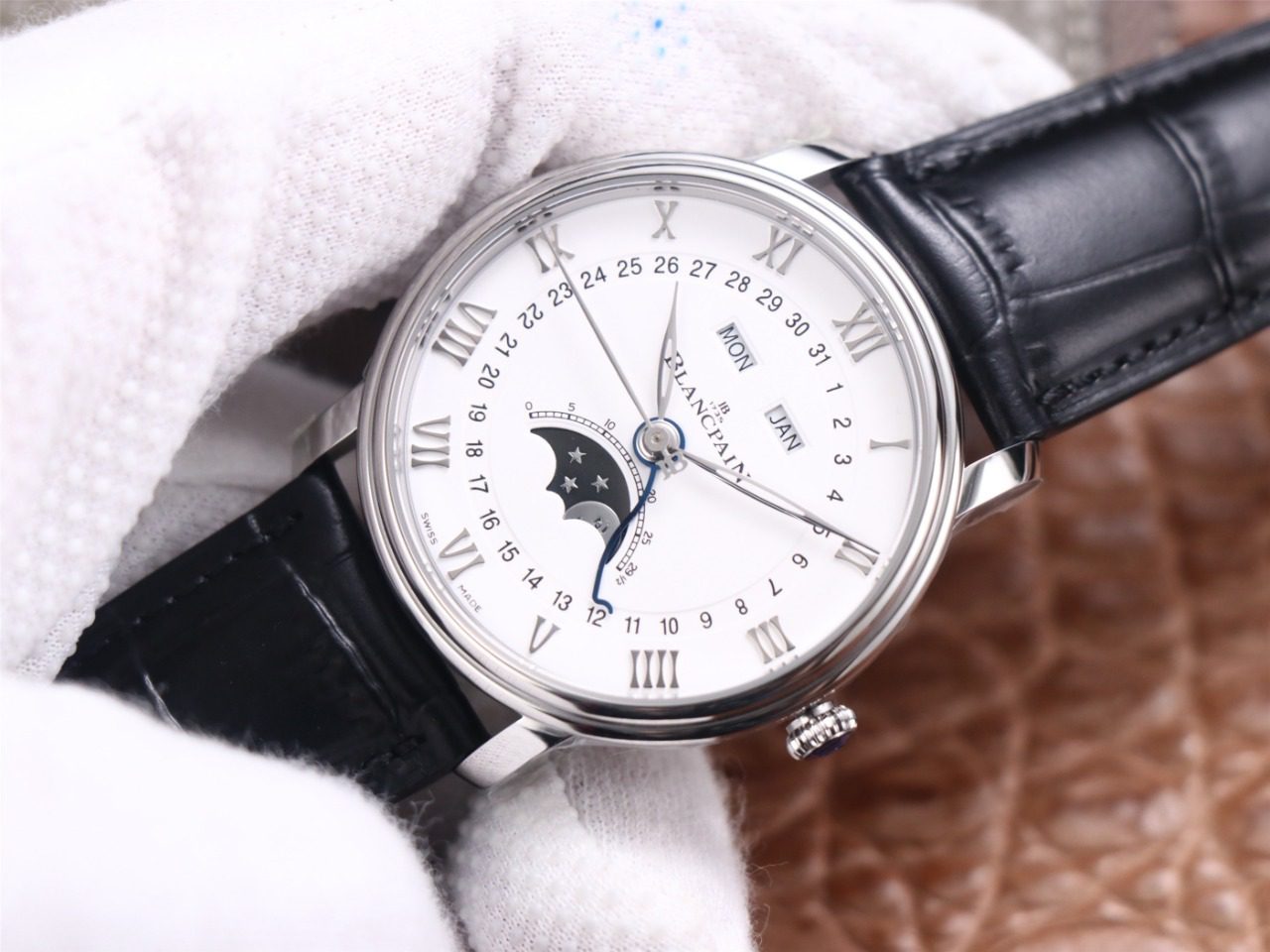 클래식 빌레레 문페이즈 화이트 다일얼 화이트골드 레더 스트랩 40mm V3버전 / OM 6654-1127-55B / 40mm / cal.6654 자동 기계식 무브먼트 , 브라운/블랙 레더 스트랩 선택 가능.