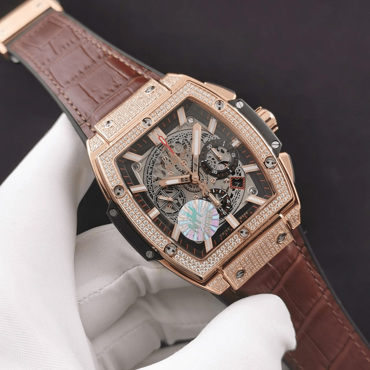 스피릿 오브 빅뱅 크로노그래프 로즈골드 풀다이아 가죽 스트랩 / NH 601.OX.0183.LR.1704 / 42mm / 맞춤형 HUB4700 자동 무브먼트