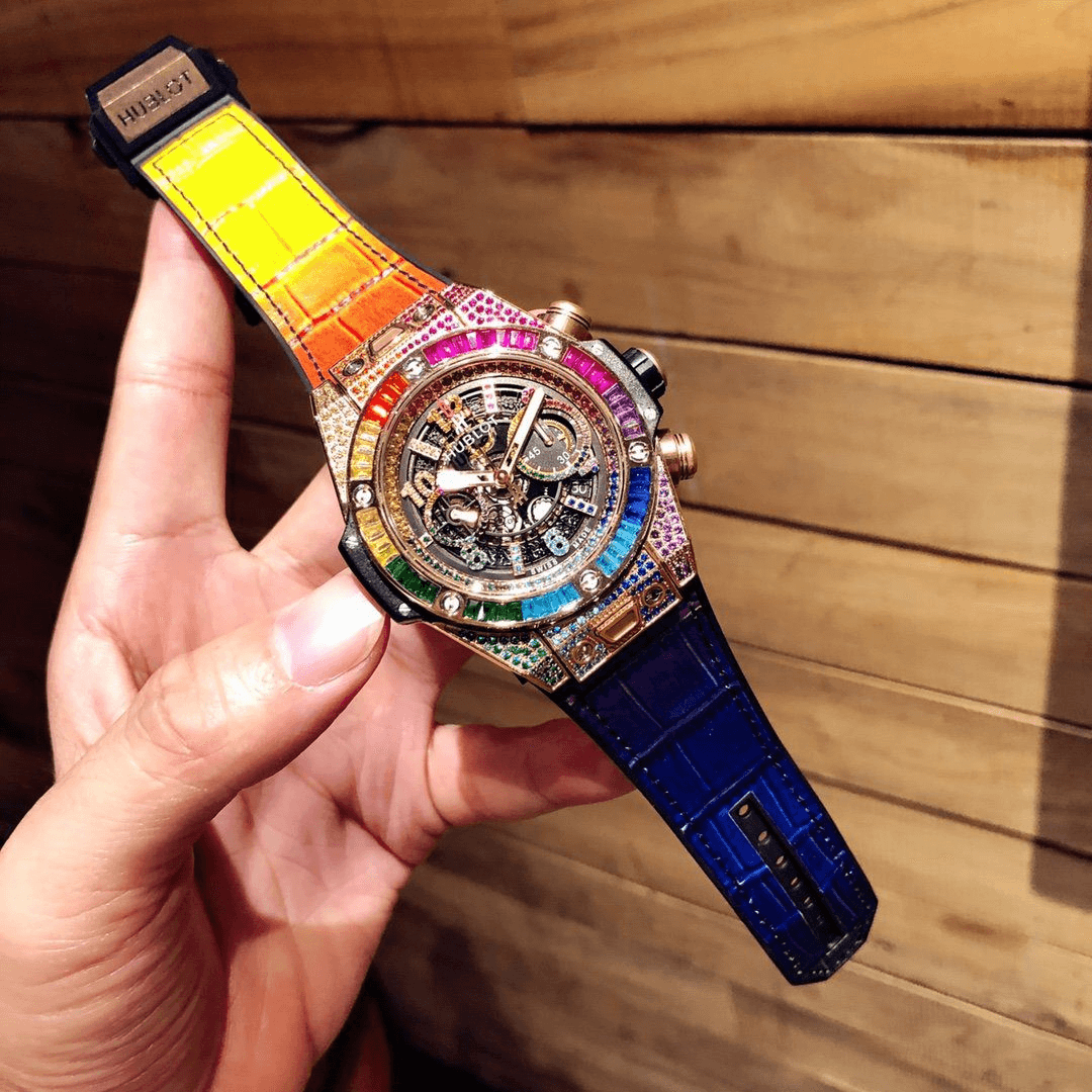 빅뱅 유니코 스텔레톤 다이얼 킹 골드 레인보우 러버 스트랩 / HB 441.OX.9910.LR.0999 / 45.5mm / 수정된 HUB 1241 Unico 무브먼트