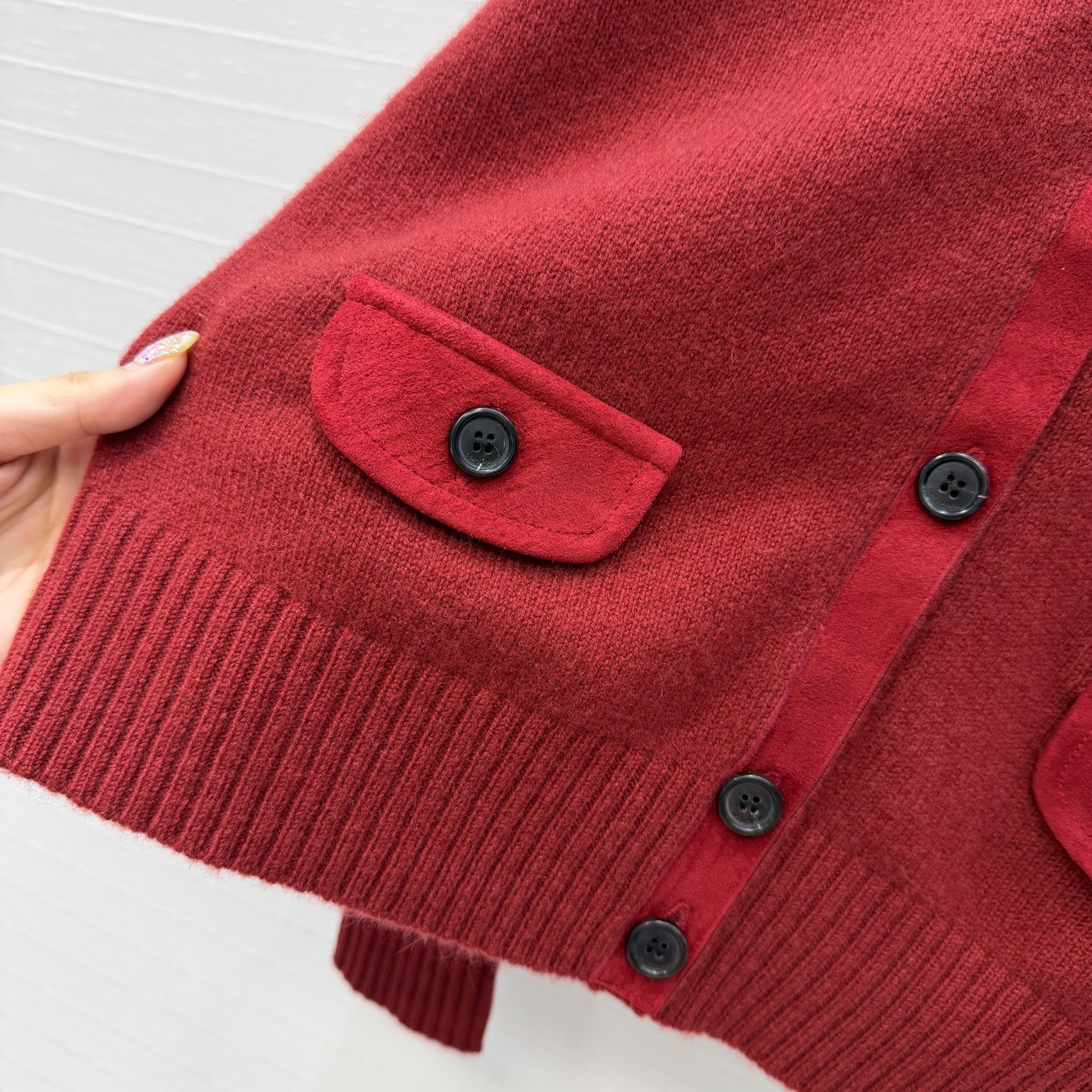 캐시미어 스웨이드 패치 스탠드 칼라 가디건 재킷